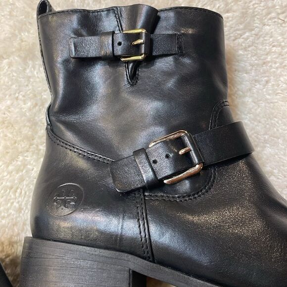 Tory Burch Black Leather Moto Boots Buckle Strap Ankle/Mid-Calf Boots Sz 7.5 - Picture 12 of 16